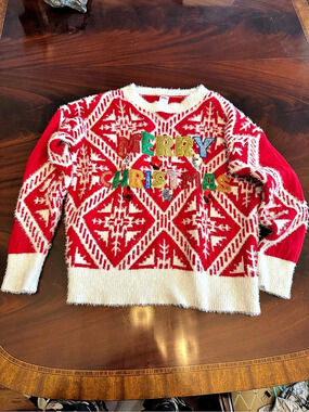 Holiday Time Geometric Holiday Sweater Red & Cream Large